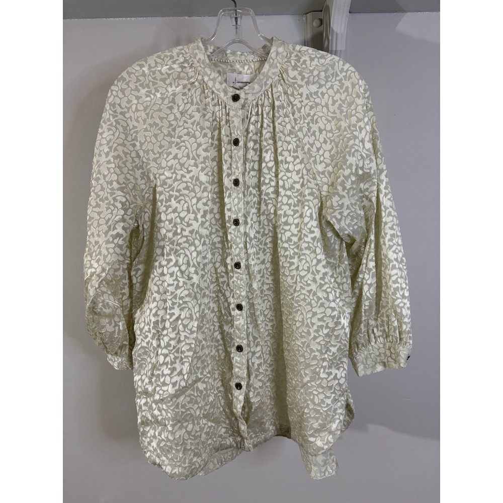 ANTHROPOLOGIE Ivory Velvet Button Up Blouse M Holiday